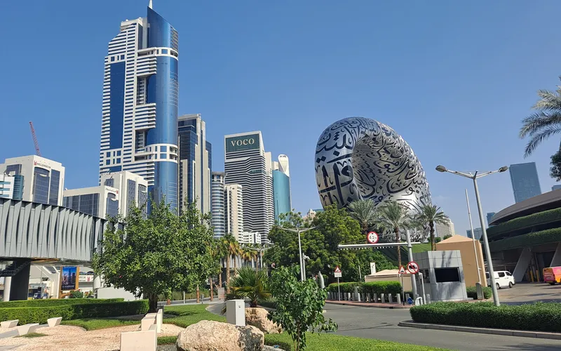 Museum of the Future exterior from Sheikh Zayed Road side, Emirates Towers area skyline